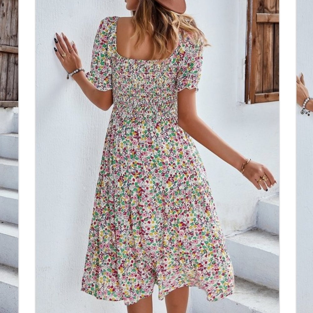 Boutique Boho Summer Floral Midi Dress Ruffle Calico Smocking Bohemian - Picture 2 of 14